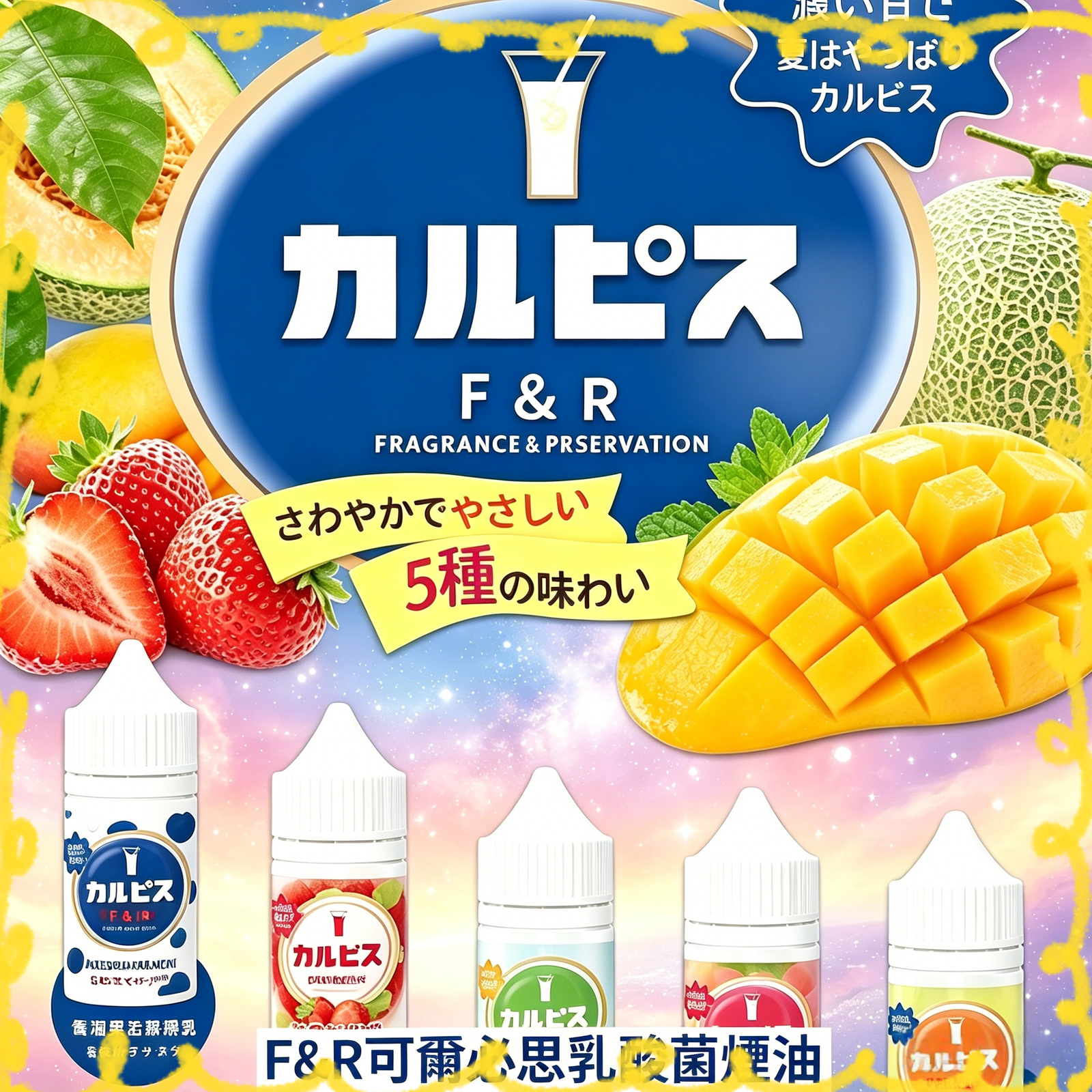F&R 可爾必思乳酸菌煙油,還原經典乳酸飲料的酸甜清爽口感,解膩又順口,搭配多種水果調和風味,夏天抽超合適,